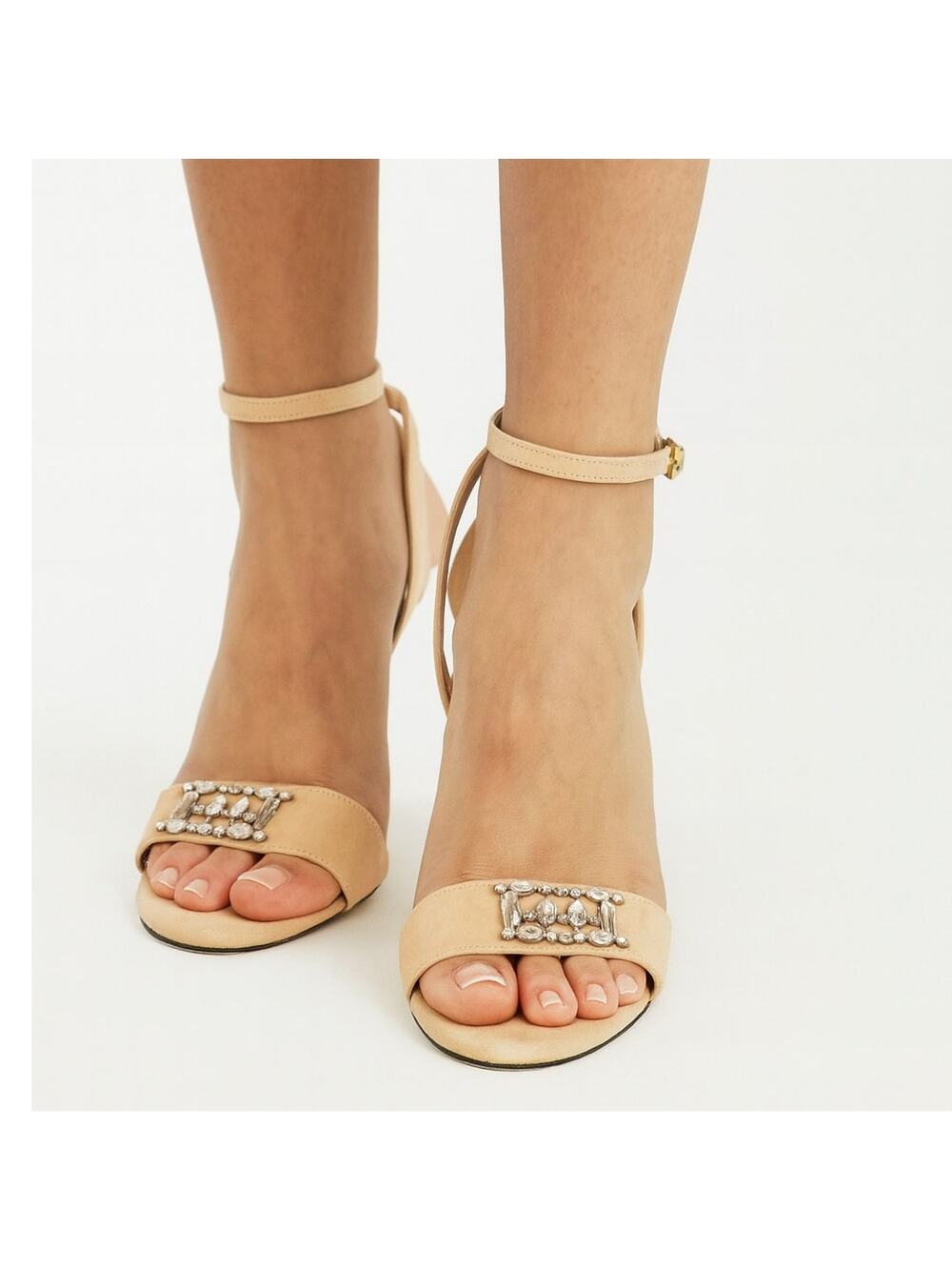 Escada SZ 38 Nude Leather Slingback Sandal With Rhinestone Embelishment NEW